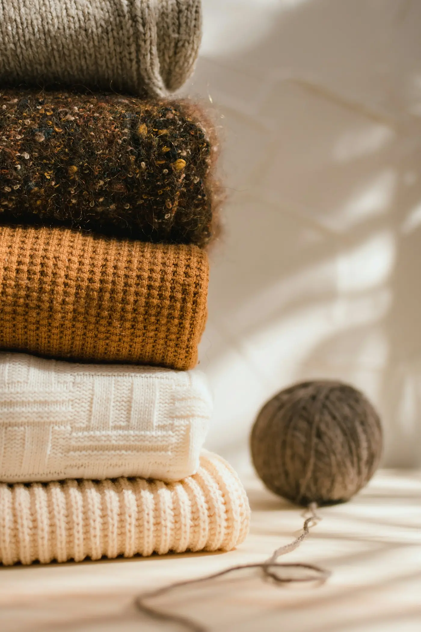 A stack of folded knit sweaters next to a ball of yarn