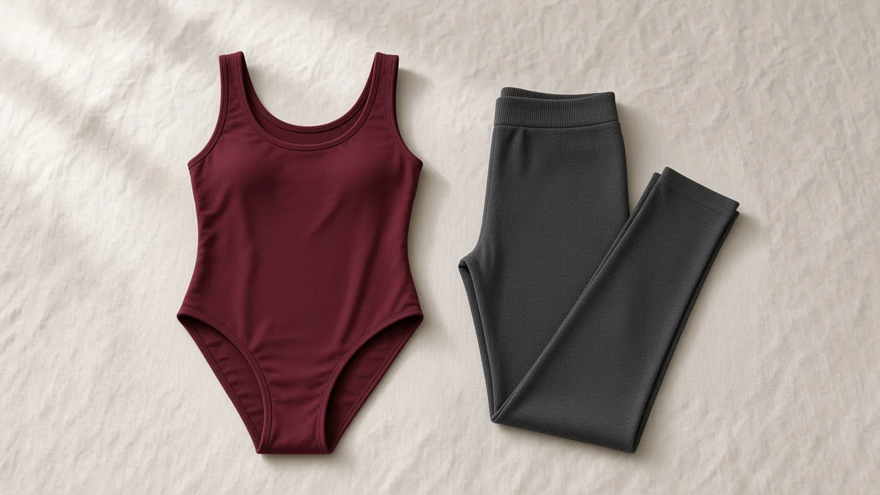 A folded swimsuit and stretch leggings on linen, with a close up of the stretch fabric
