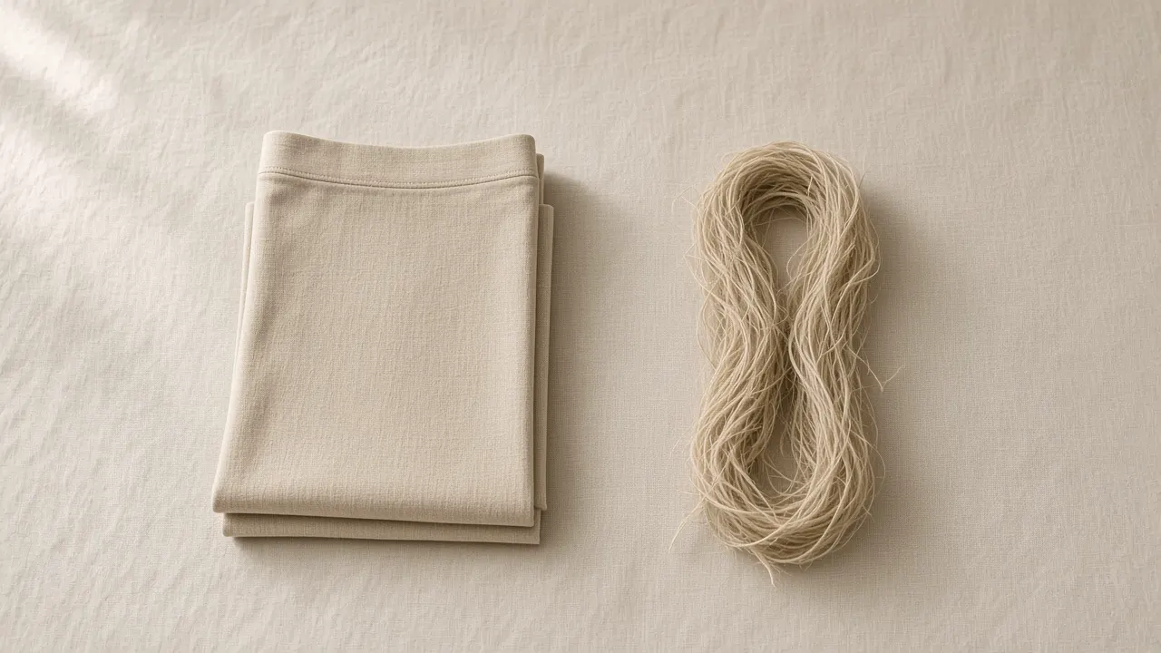 Folded natural hemp shirt and a small bundle of raw hemp fibre on linen