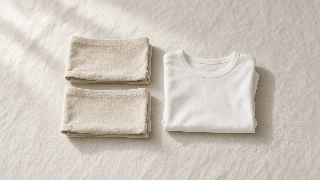 Folded plain children's cotton underwear and a small undershirt on linen, with no logos