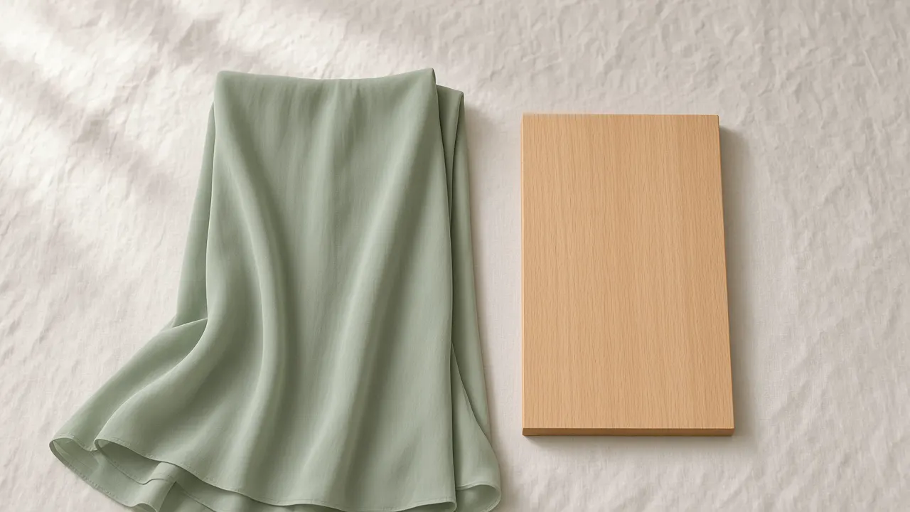 Folded pale dress fabric beside a small piece of unfinished wood on linen