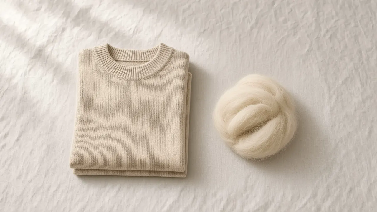 Folded oatmeal merino sweater and a lock of raw wool on linen