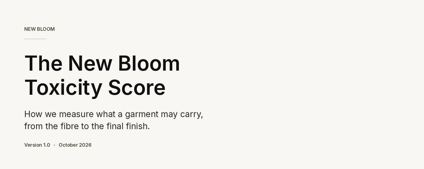 Typographic cover for The New Bloom Toxicity Score, version 1.0, October 2026