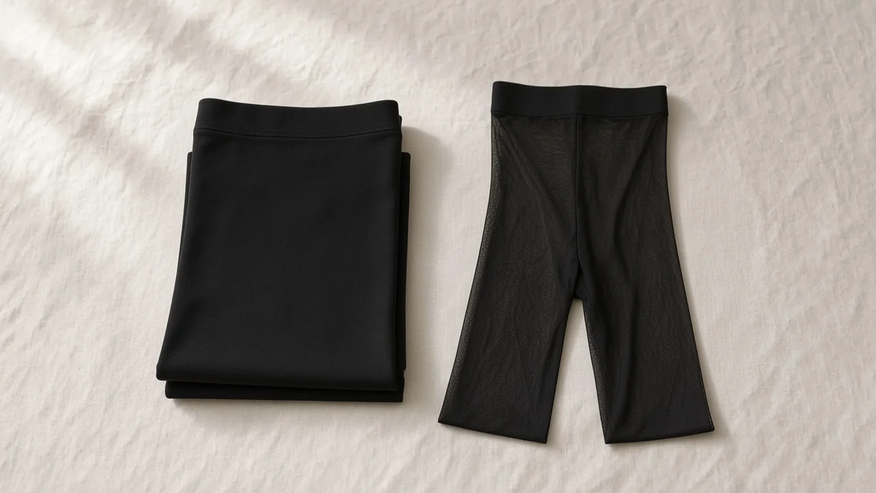 Folded black leggings beside a pair of sheer black tights laid flat on linen