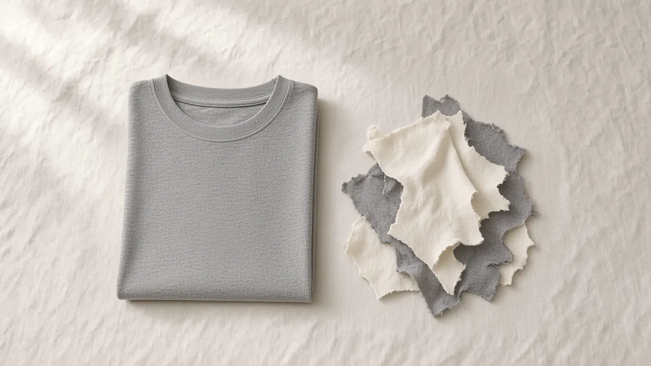 Folded grey cotton tee beside a small pile of cut cotton jersey scraps on linen