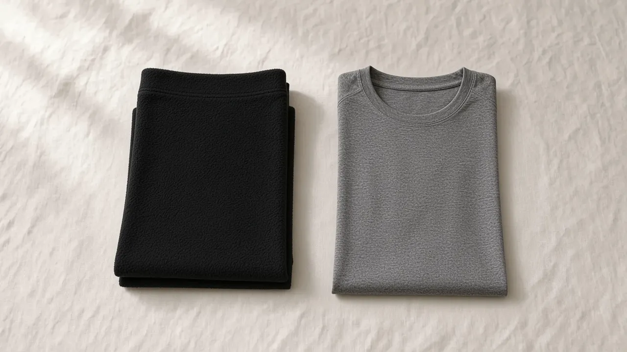 Folded black fleece beside a heather polyester gym shirt on linen