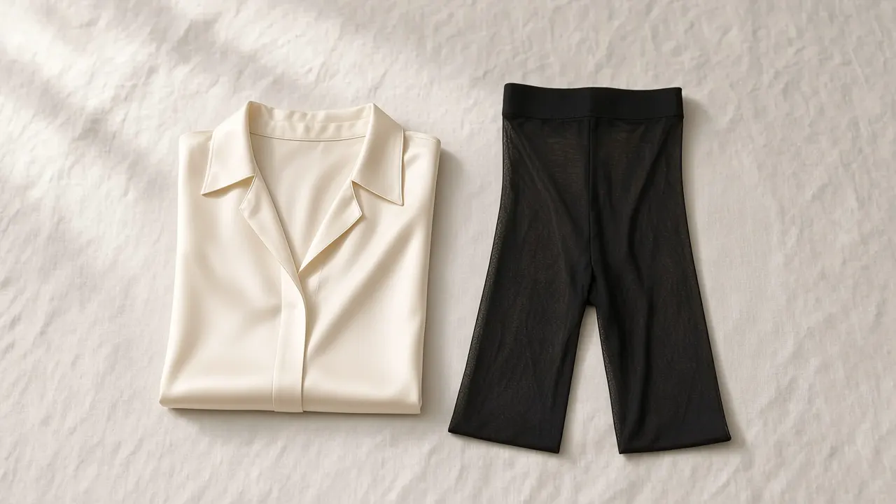 Folded ivory silk blouse with a soft sheen, laid flat on linen