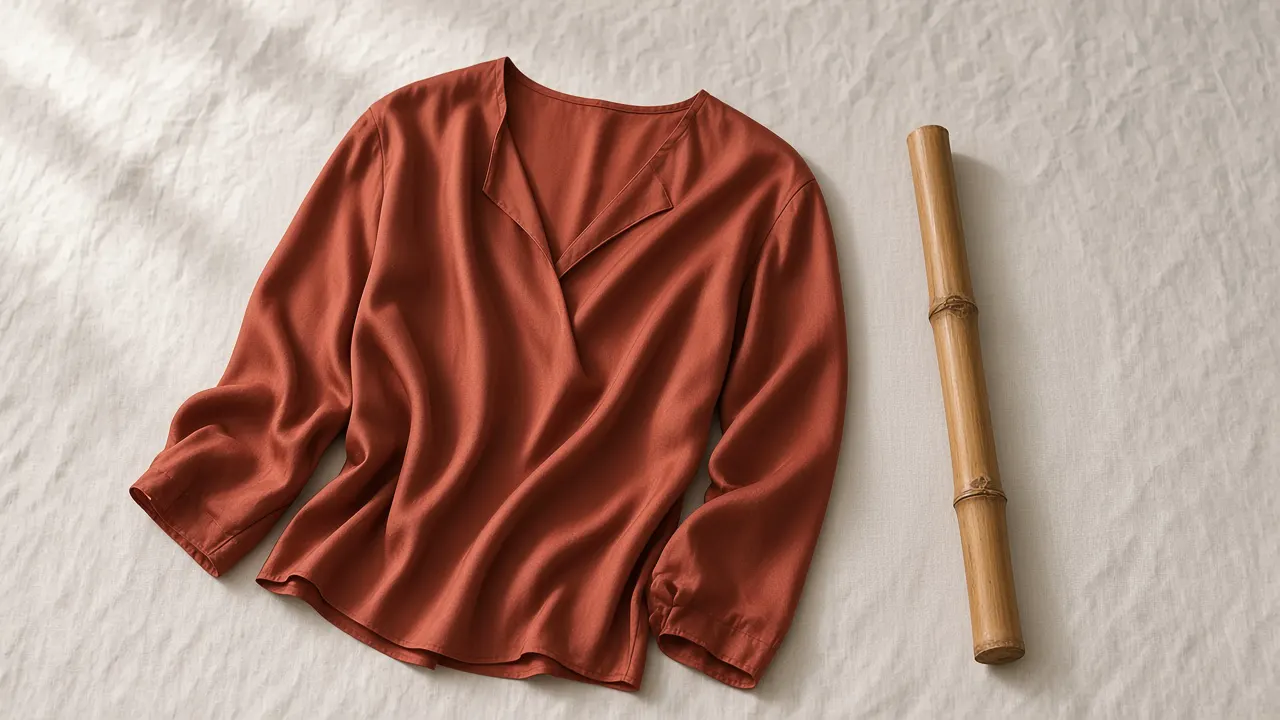 Draped fluid viscose fabric beside a piece of bamboo on linen